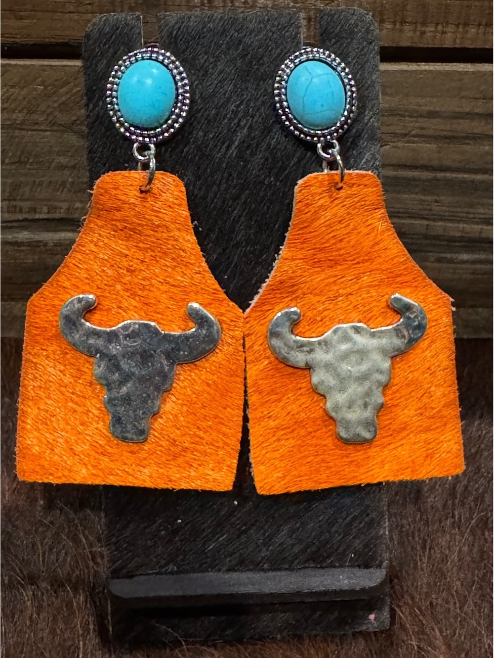Orange Cowhide Longhorn Earrings – Approx. 3” Long